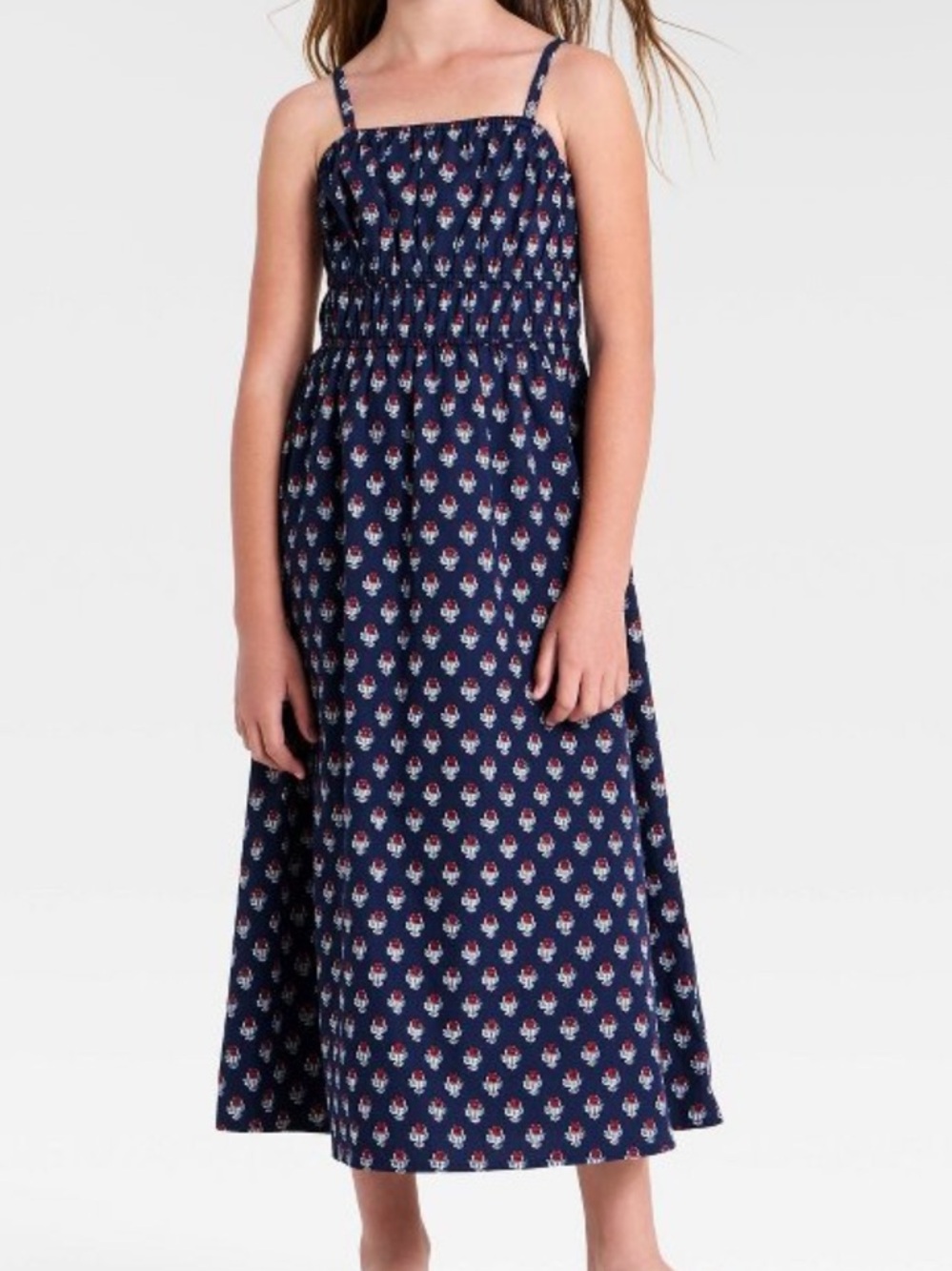 Girls' Navy Blue Smocked Maxi Dress with Red Floral Print